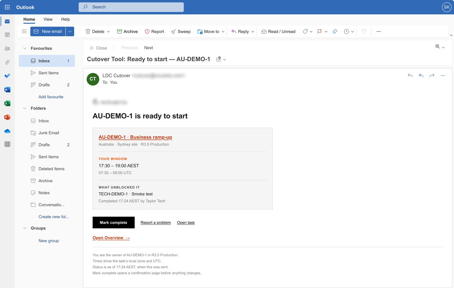 Ready-to-start notification email shown in Outlook