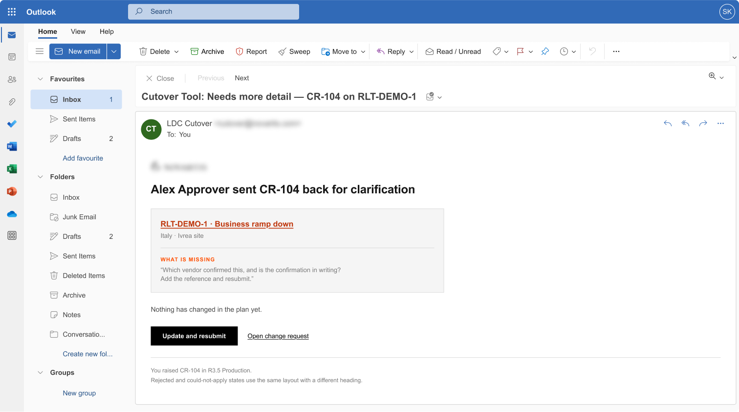 Change request returned for clarification, shown in Outlook