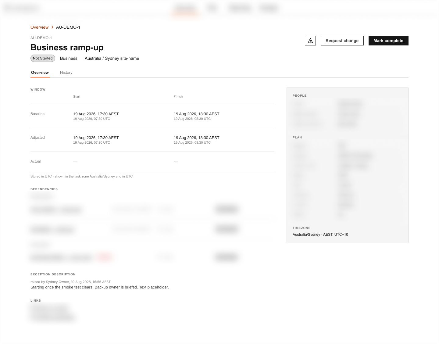 Task detail page with baseline, adjusted and actual start and finish in local time and UTC, dependencies, the exception description with who raised it and when, and a side panel holding people, plan and timezone. Everything shown is demo data.