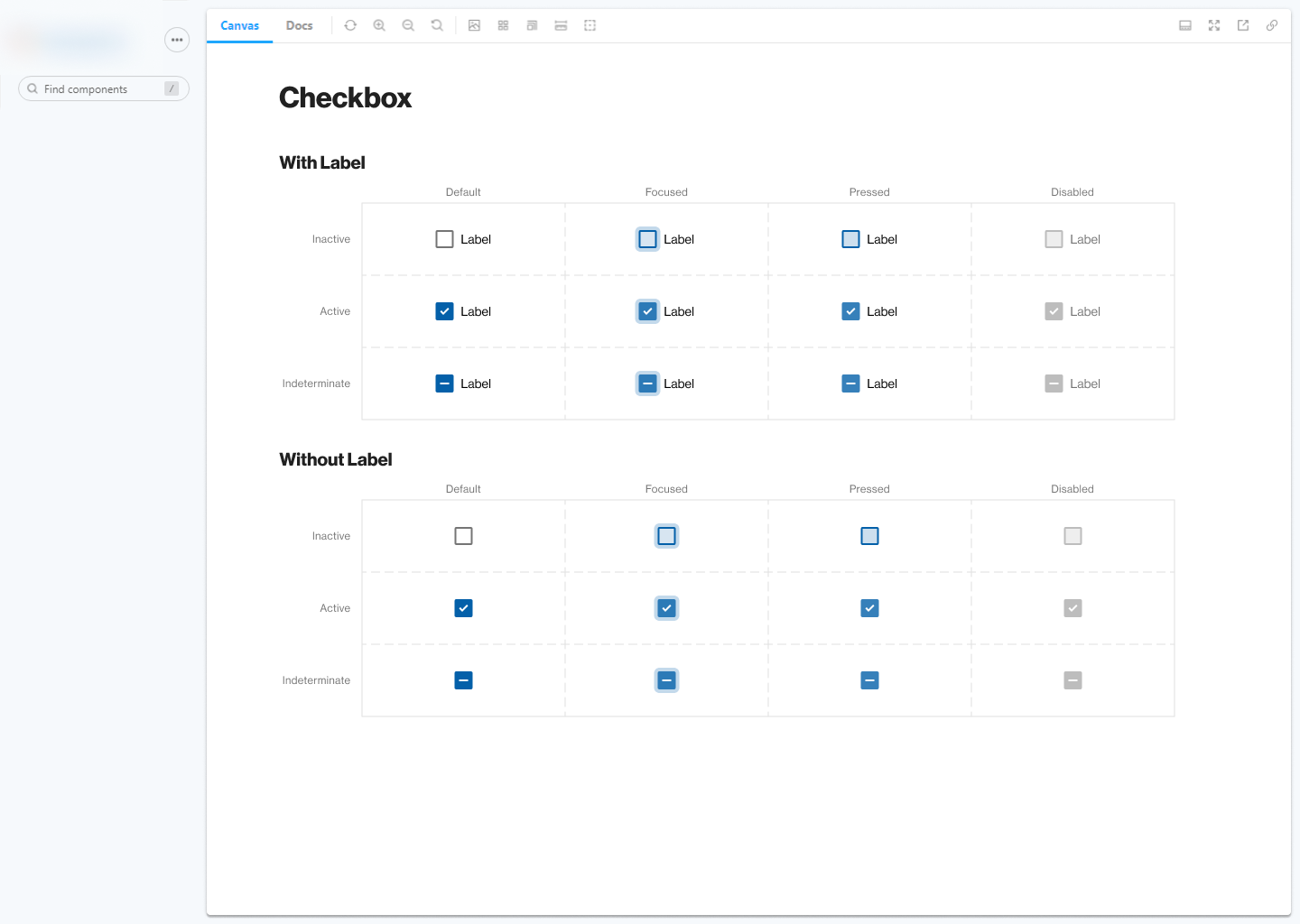 Storybook page for the checkbox component: with and without a label, each across inactive, active and indeterminate rows and default, focused, pressed and disabled columns